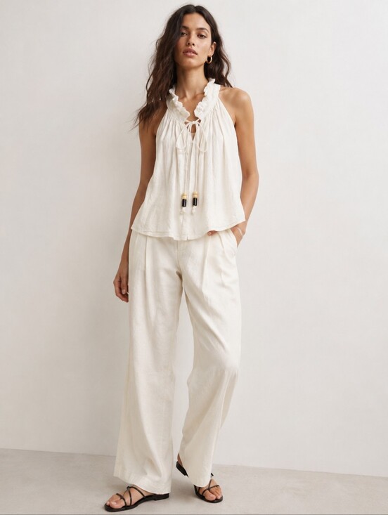 Zara Tops - ❤️ NWT! ZARA LINEN SLEEVELESS BEADED TIE FRONT TOP, HALTER NECKLINE, IVORY, XS